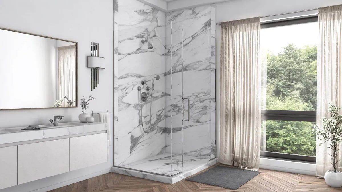 Calacatta White marble-look two-panel shower
